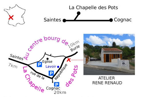 Situation de
              l'ATELIER RENÉ RENAUD dans le village, situé entre Saintes
              et Cognac